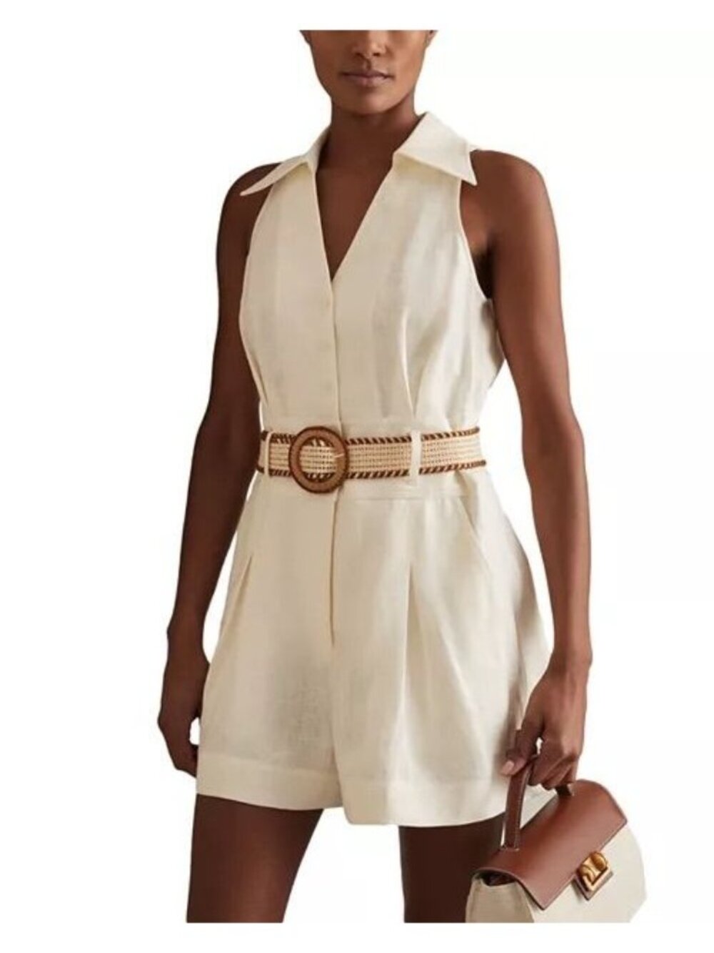 Reiss women's 8‎ ivory cream Anjie linen romper collared v-neck quiet luxury